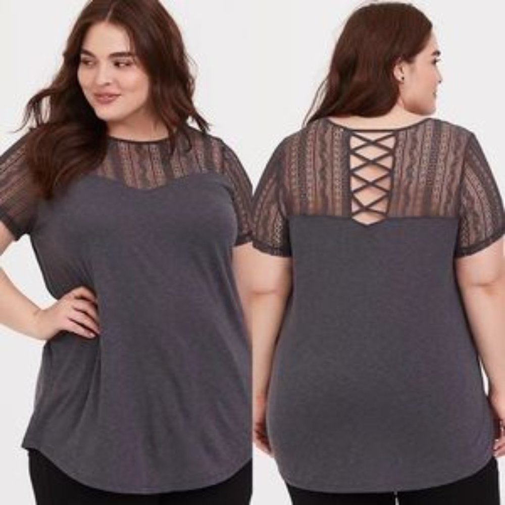 Torrid Knit Crew Neck Lace Yoke Lattice Detail Back Top in Heather Grey